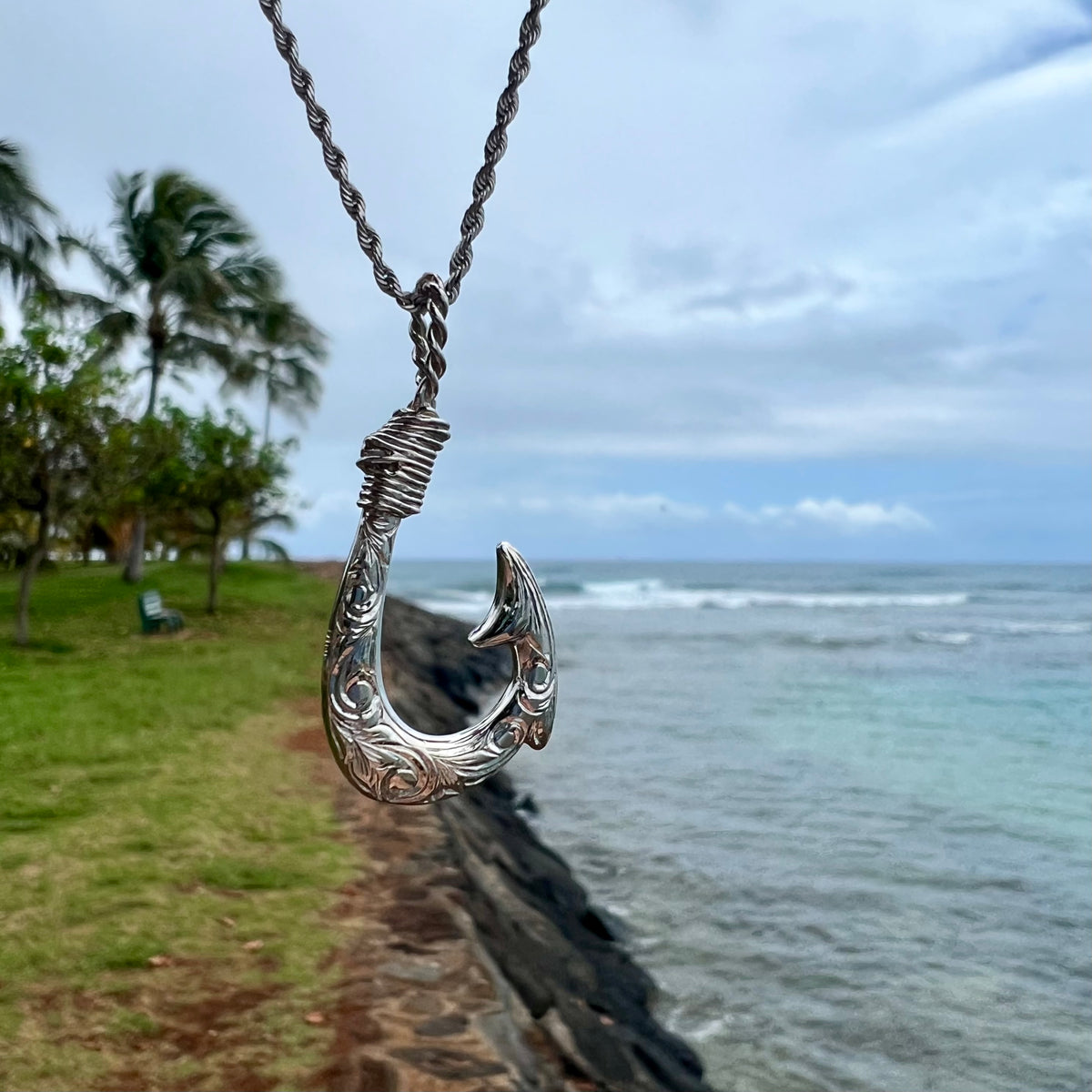 Hawaiian Palaoa Fish Hook Sterling Silver Pendant Necklace - Maui Hands