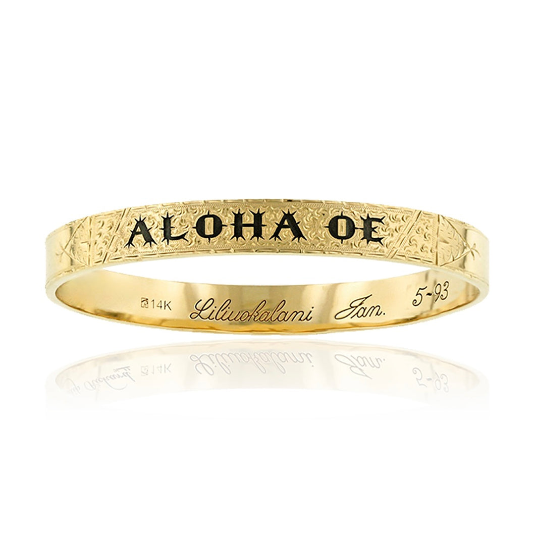 Gold Hawaiian Heirloom Bracelet with ALOHA OE in black enamel