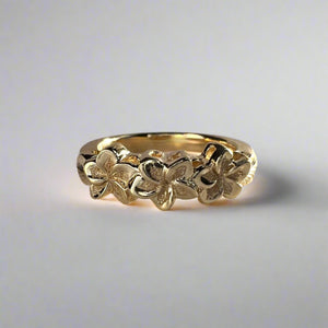 Three Small Plumeria Hawaiian Flower Ring in 14K Yellow, White, Green Gold or Platinum