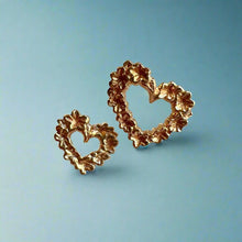 Load image into Gallery viewer, Slanted Heart Earrings w/Plumerias in 14K Gold
