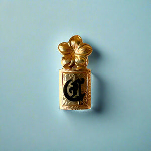 Hawaiian Enamel Initial "C" Pendant with Plumeria On Top in 14K Yellow Gold