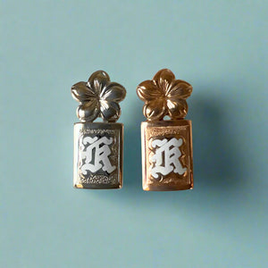 Hawaiian Enamel Initial "K" Pendants with Plumeria On Top in 14K White and Pink Gold