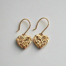 Load image into Gallery viewer, Filigree Heart Flowers w/ Scroll Dangle Earrings in 14K Gold [small or large]
