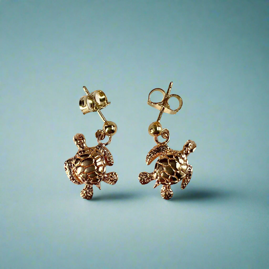 Baby Turtle Dangle Earrings with Post in 14K Pink Gold