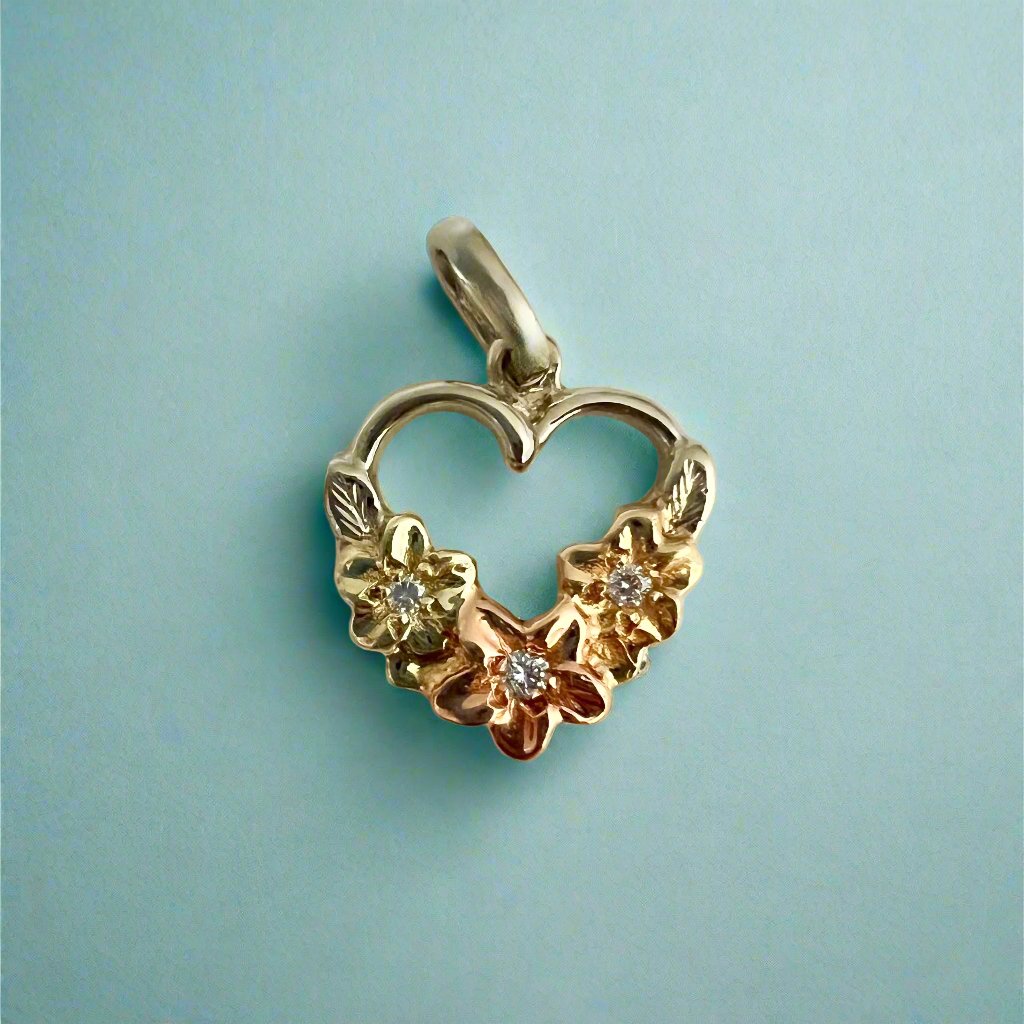 Medium Three plumeria heart pendant with diamonds