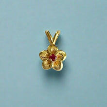 Load image into Gallery viewer, Single Hawaiian Plumeria Pendant w/ Ruby in 18K Yellow Gold
