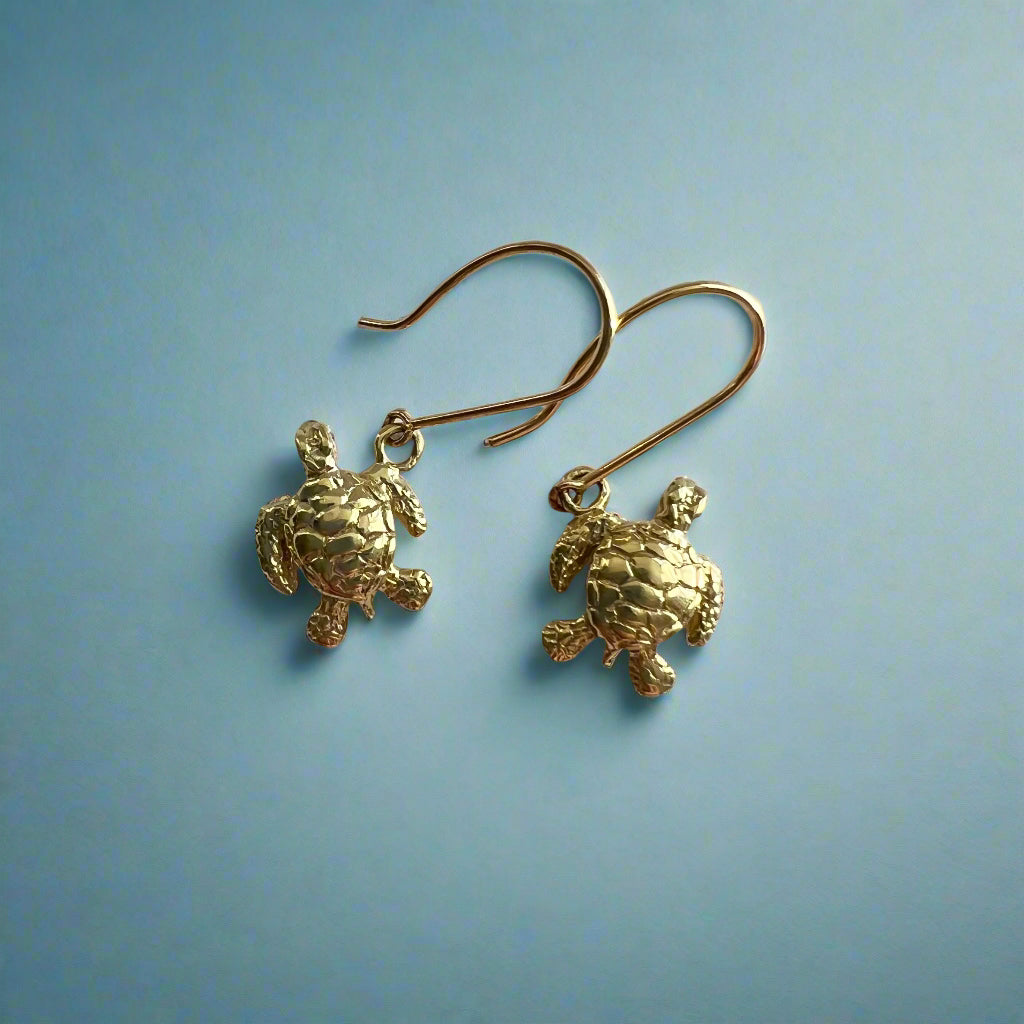 Baby Turtle Dangle Earrings in 14K Green Gold