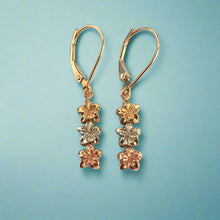 Load image into Gallery viewer, Tri-Color Three Baby Plumeria Flowers Lever Back Earrings in 14K Gold
