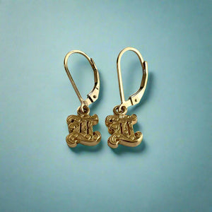 Old English Initial N Lever Back Earrings in 14K Yellow Gold