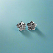 Load image into Gallery viewer, Small Plumeria Pierced Earrings with Diamonds in 14K White Gold
