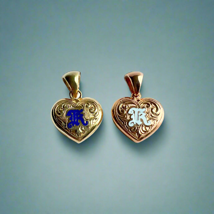 Medium Heart Pendants with scroll engraving and Millennium initial 