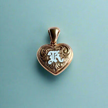 Load image into Gallery viewer, Medium Heart Pendant with scroll engraving and Millennium initial &quot;K&quot;.
