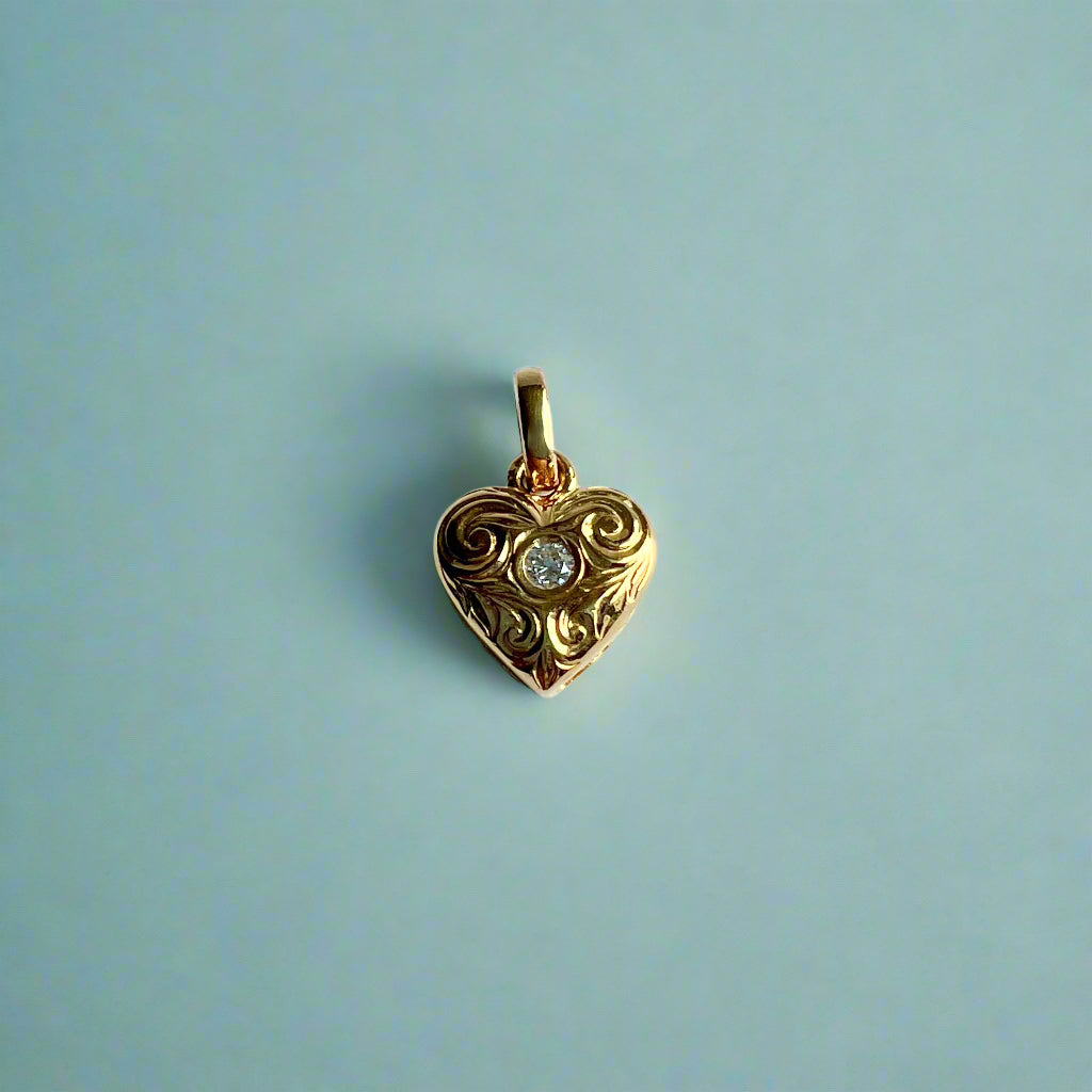 Small Heart Pendant with Scrolls & Diamond in 14K Yellow Gold