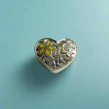 Load image into Gallery viewer, Large Heart Slider w/ Yellow Enamel Flower and Diamond in 14K White Gold
