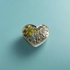 Large Heart Slider w/ Yellow Enamel Flower and Diamond in 14K White Gold