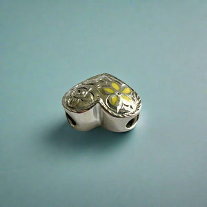 Large Heart Slider w/ Yellow Enamel Flower and Diamond in 14K White Gold