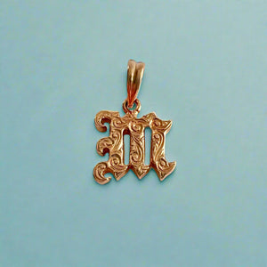 Scrolled Hawaiian  Initial M Pendant in 14K Pink Gold