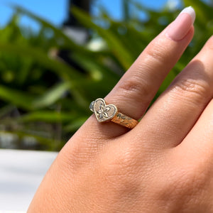 Hibiscus & Old English Valentine Heart Ring in 14K Yellow Gold