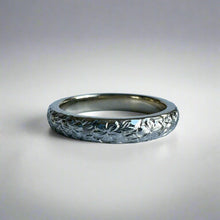 Load image into Gallery viewer, Plumeria  with leaves All Around 3mm Barrel Ring in 14K White Gold
