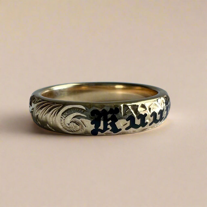 4mm Barrel Kuuipo Ring with Old English & Plumeria in 14K Yellow Gold