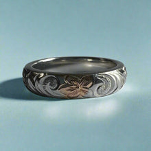 Load image into Gallery viewer, Old English Barrel 4mm Ring in White Gold with Pink Gold Hibiscus
