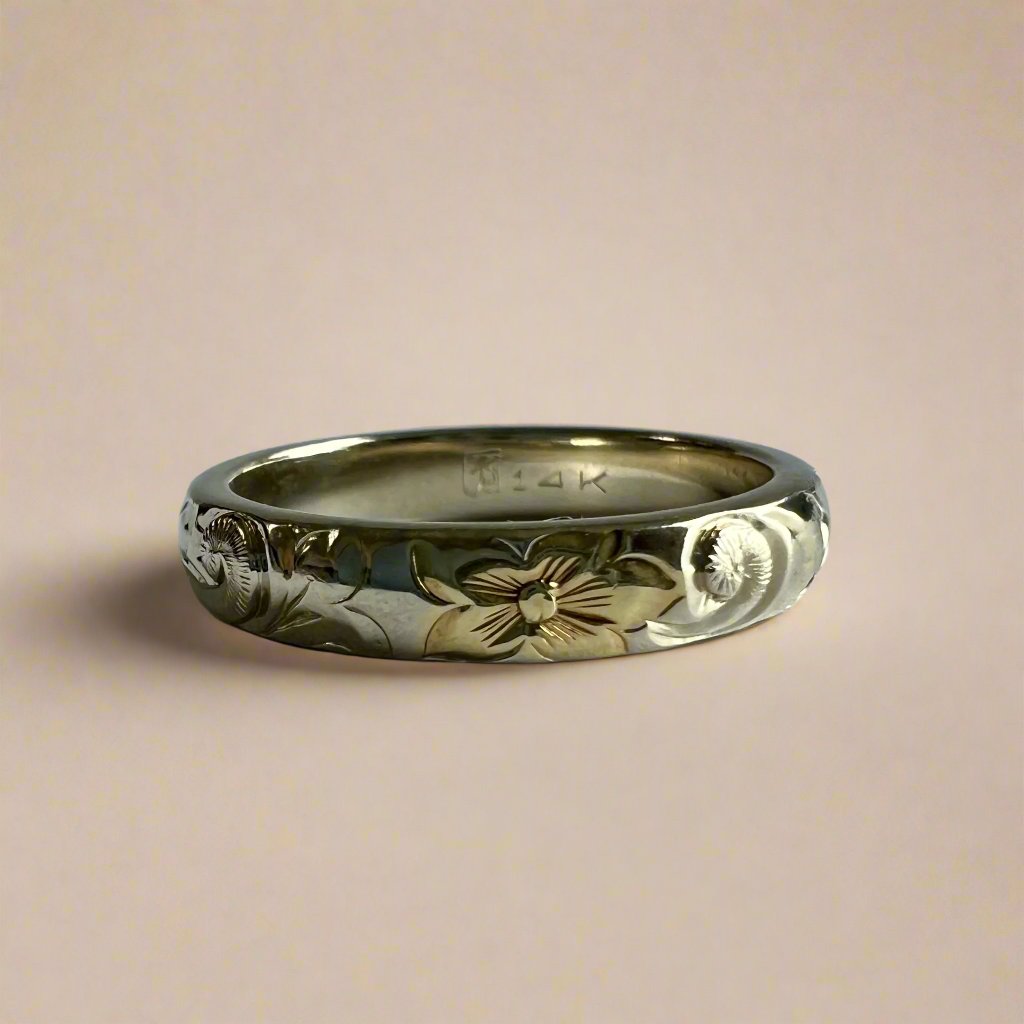 Old English Barrel 4mm Ring in 14K White Gold with Yellow Gold Hibiscus