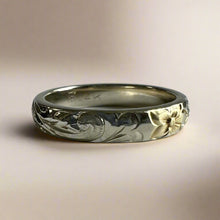 Load image into Gallery viewer, Old English Barrel 4mm Ring in 14K White Gold with Yellow Gold Hibiscus
