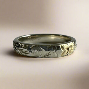 Old English Barrel 4mm Ring in 14K White Gold with Yellow Gold Hibiscus