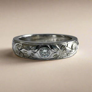 Old English, Hibiscus & Plumeria 4mm Barrel Ring with .07ct Diamond in 14K White Gold