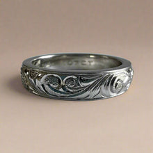 Load image into Gallery viewer, Old English, Hibiscus &amp; Plumeria 4mm Barrel Ring with .07ct Diamond in 14K White Gold
