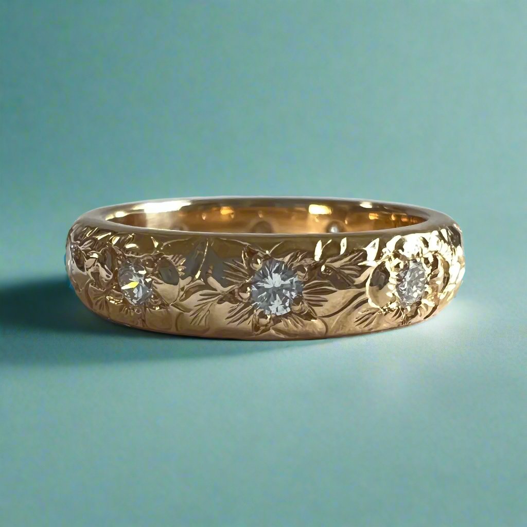 Hibiscus & Plumeria with Leaves & Diamonds 4mm Barrel Ring in 14K Yellow Gold