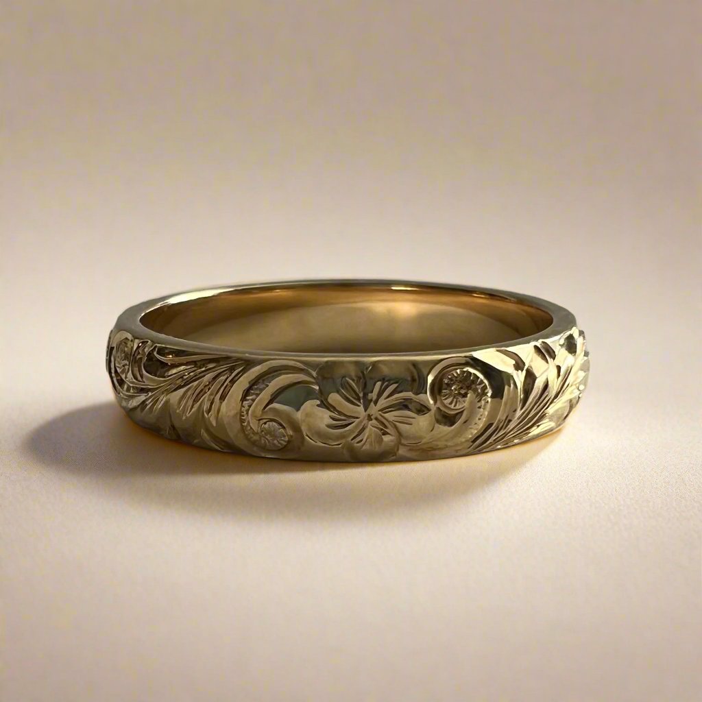 Hawaiian Makana 4mm Barrel Ring with Old English & Plumeria engraving