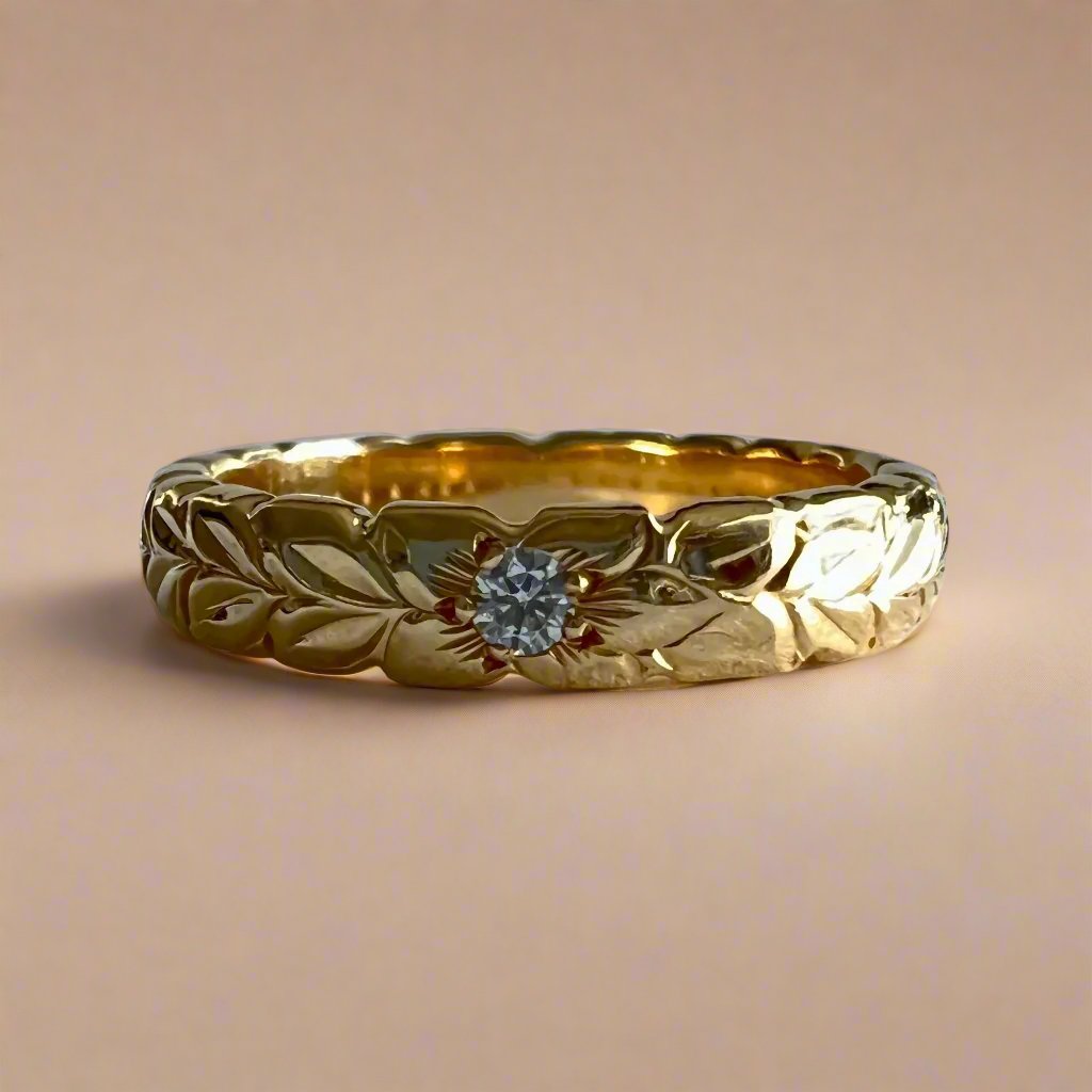 Scalloped Shiny Maile & Hibiscus 4mm Ring with Diamond in 14 Yellow Gold