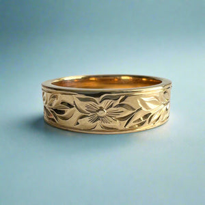 Shiny Maile & Hibiscus Hawaiian Flat 6mm Ring in 14K Yellow Gold size 8 1/2