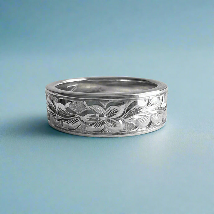 Long Leaf Maile & Hibiscus Flat 6mm Hawaiian Ring in 14K White Gold
