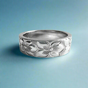 Hibiscus All Around Flat 6mm Hawaiian Ring in 14K White Gold