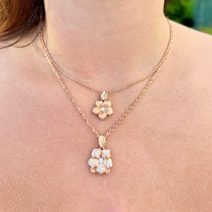 Pua'a Sparkling Flower Pendant w/ Diamond & Leaf Bail in 14K Yellow or Pink Gold