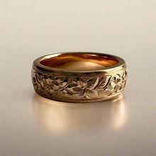 Load image into Gallery viewer, Old English with flowers 6mm gold ring
