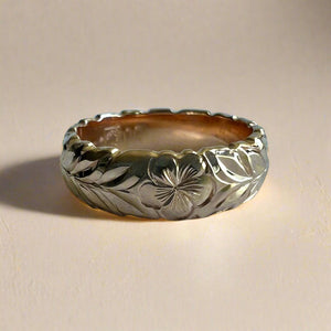 Scalloped Shiny Maile with Plumeria 6mm Ring in 14K Gold