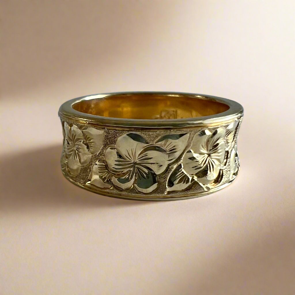 Hawaiian Plumeria with leaves Plumeria Concave 8mm Ring 