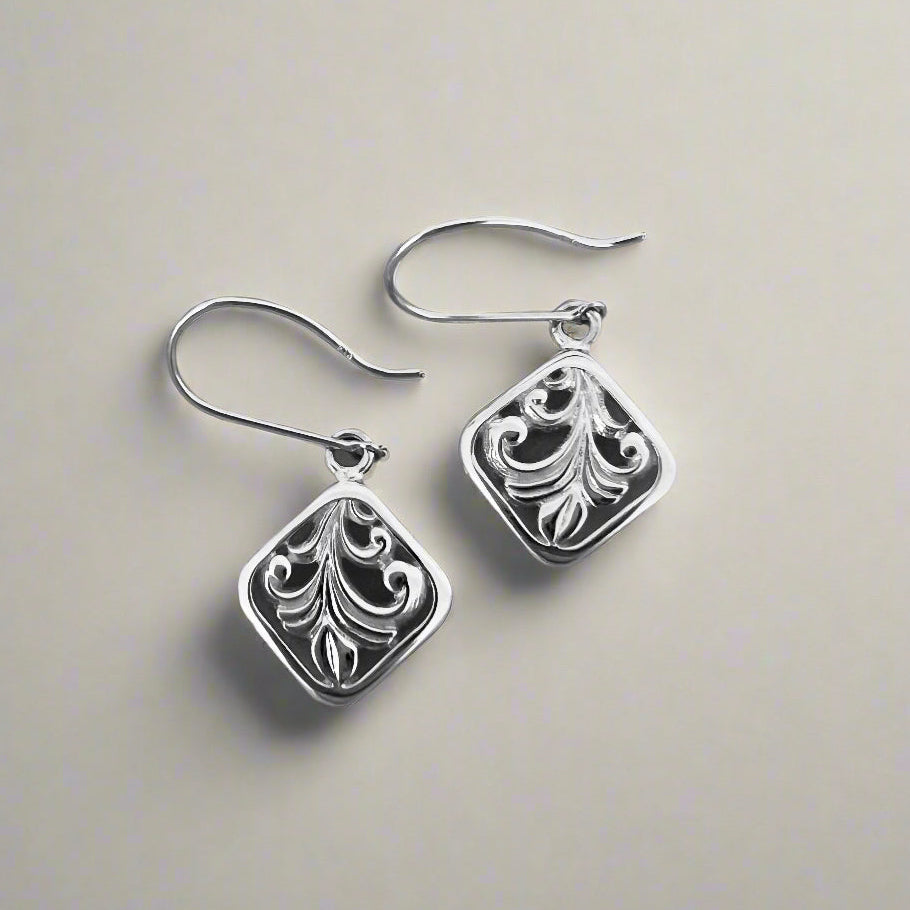 Medium Quilt Old English Dangle Earrings in 14K White Gold 