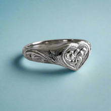 Load image into Gallery viewer, Hawaiian Heart Ring with Old English &amp; Flower engraving
