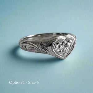 Hawaiian Heart Ring with Old English & Flower engraving