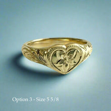 Load image into Gallery viewer, Hawaiian Heart Ring with Old English &amp; Flower engraving
