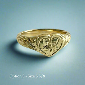 Hawaiian Heart Ring with Old English & Flower engraving