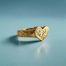 Load image into Gallery viewer, Hibiscus &amp; Old English Valentine Heart Ring in 14K Yellow Gold
