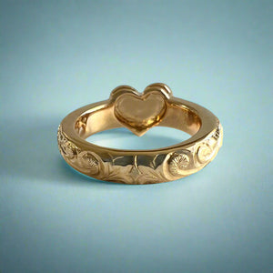 Hibiscus & Old English Valentine Heart Ring in 14K Yellow Gold