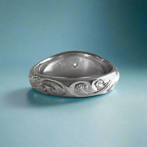 Hawaiian Dome Ring with Plumeria, Diamond & Old English in 14K White Gold