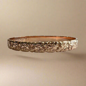 Scalloped Hibiscus & Plumeria with Leaves 8mm Hawaiian Bangle Bracelet in 14K Pink Gold