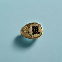 Load image into Gallery viewer, Large Round Old English Signet Ring with Initial &quot;K&quot; in 14K Yellow Gold
